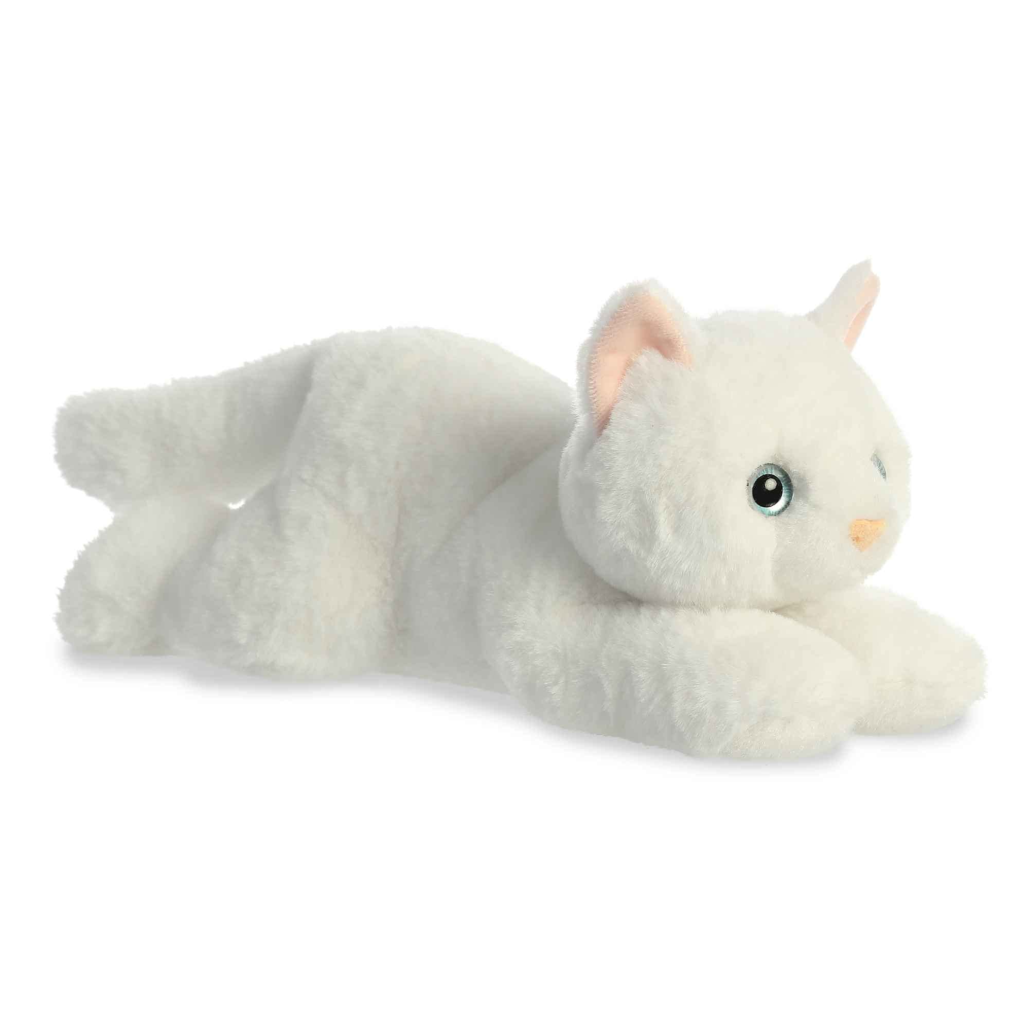 Aurora Precious White Kitty Flopsie face plush, soft cuddle buddy for imaginative play.