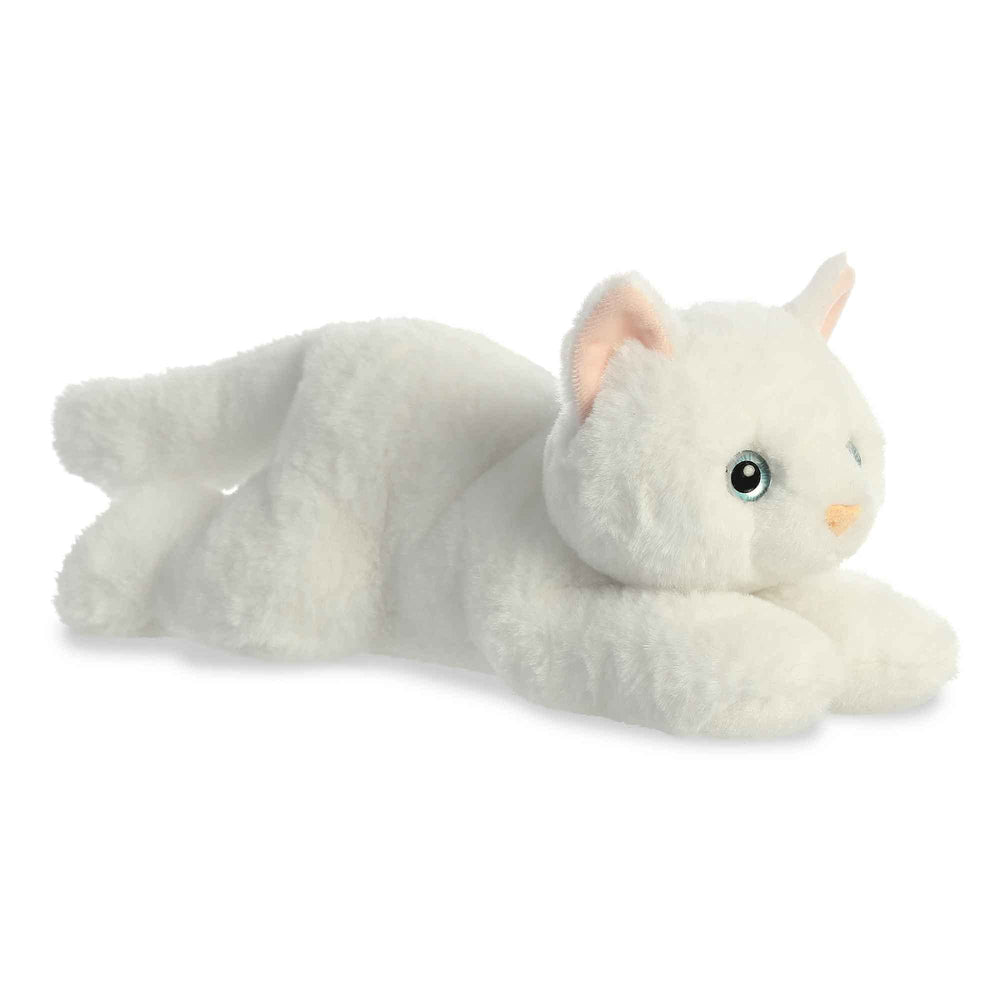 Aurora Precious White Kitty Flopsie face plush, soft cuddle buddy for imaginative play.