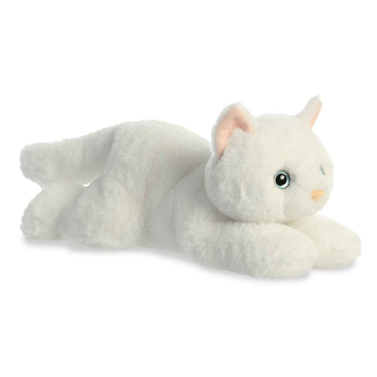 Aurora Precious White Kitty Flopsie face plush, soft cuddle buddy for imaginative play.