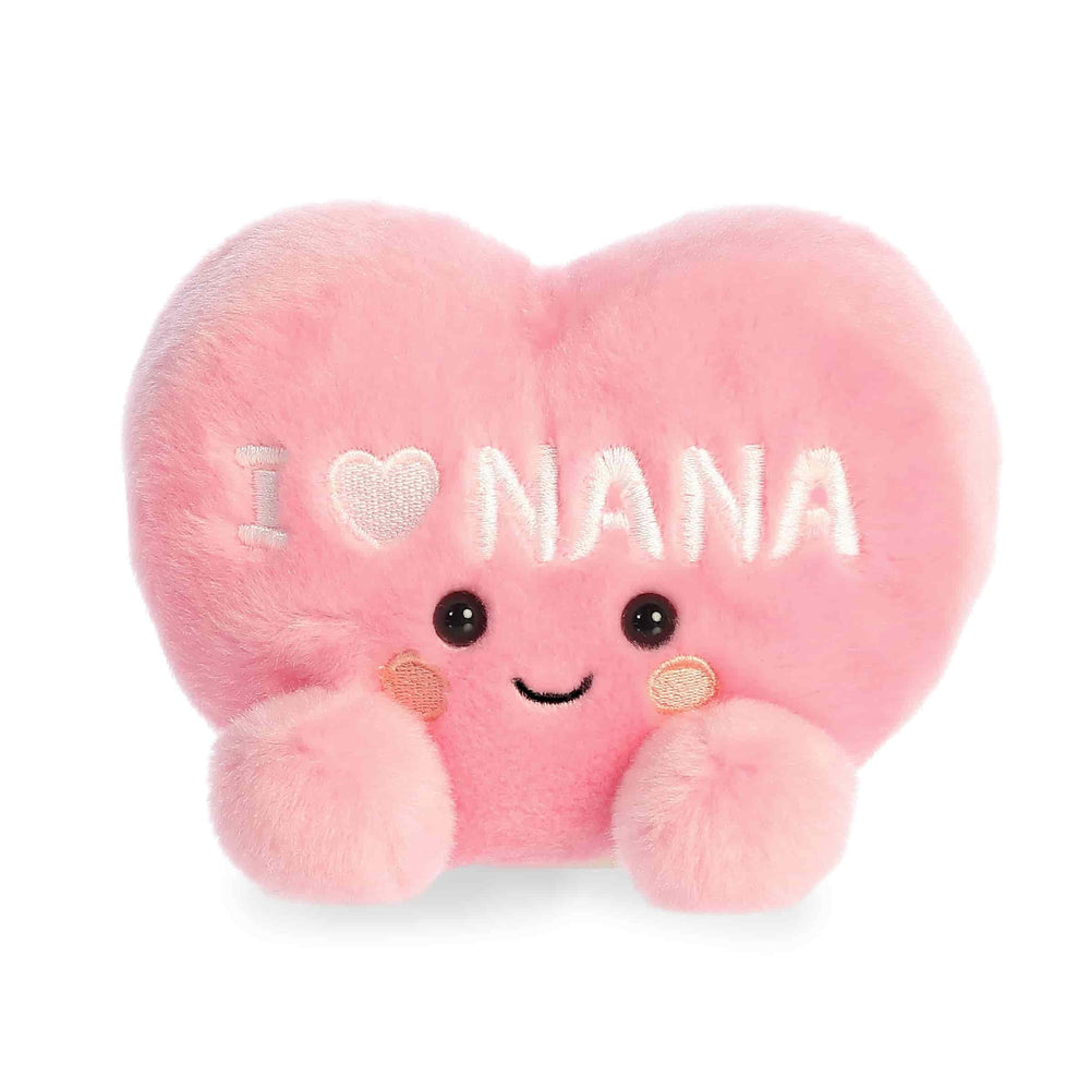 Aurora Palm Pals I Love Nana Heart stuffed animal with soft pink fur; ideal gift for Nana.