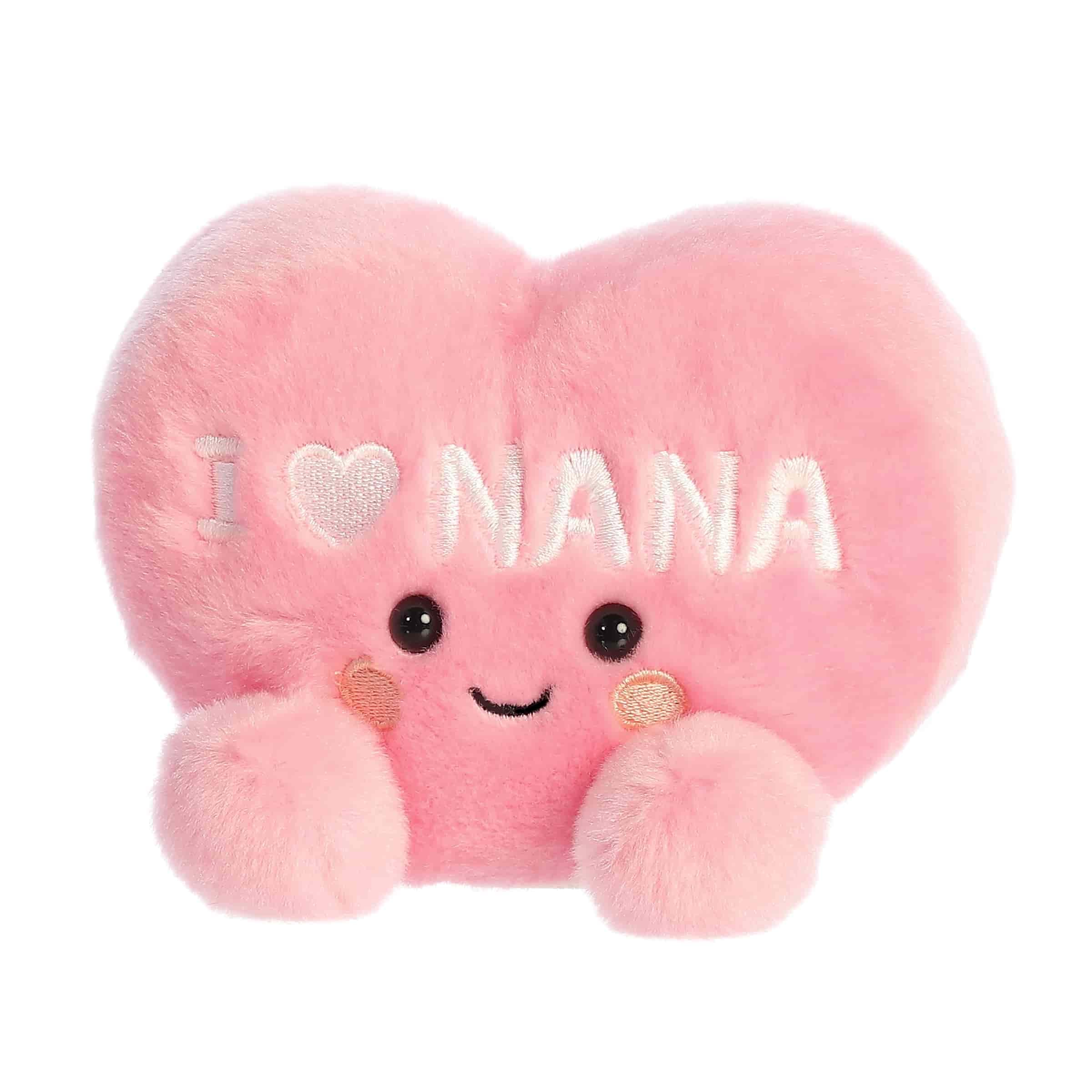 Aurora Palm Pals I Love Nana Heart stuffed animal in gift-ready packaging, a charming gifting option.