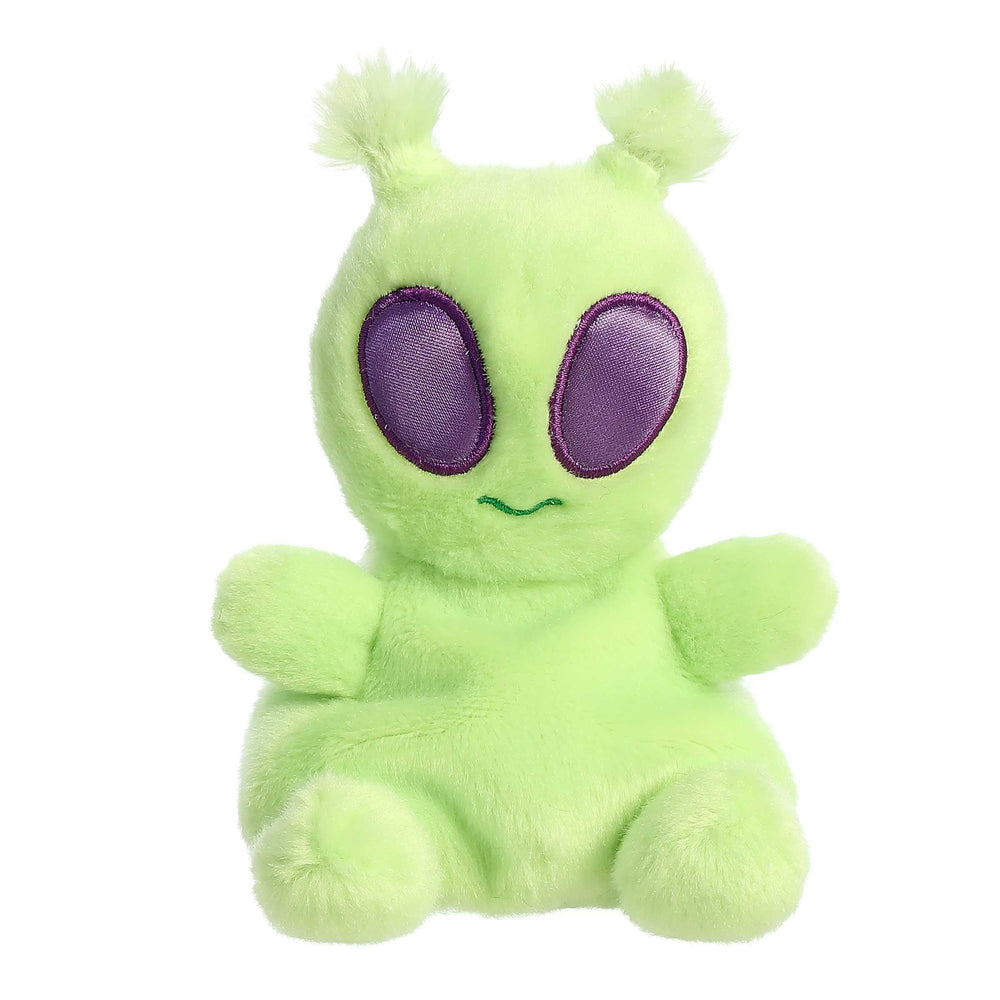 Aurora Ross Alien palm pals plush in green with purple eyes, a soft cuddle for kids.