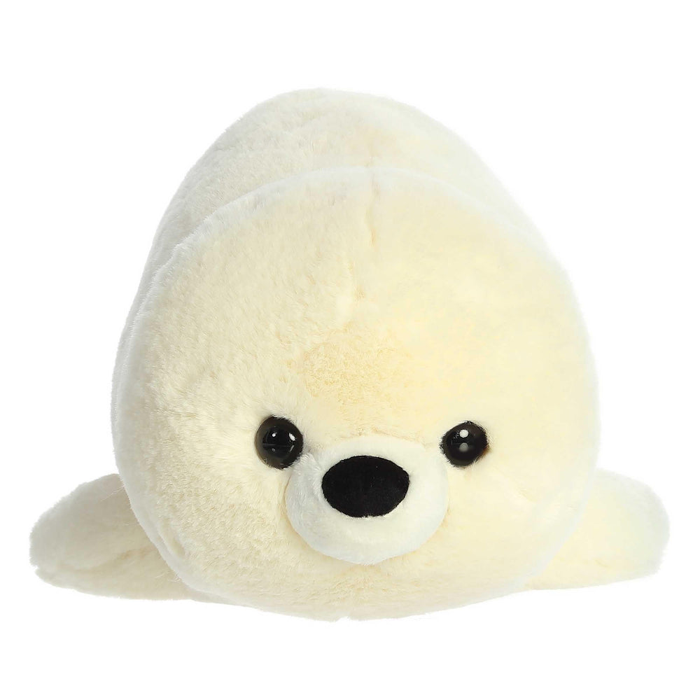 Close-up of Stella Seal white fur shows durable stitching for lasting hugs.