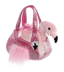 Aurora Ava Flamingo Carrier bag featuring shimmering fabric for secure plush transport