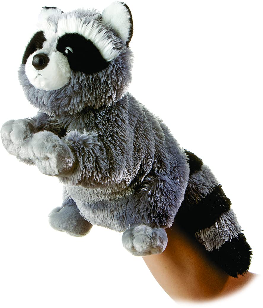 Aurora Bandit Raccoon Puppet full view, soft plush for cozy playtime.