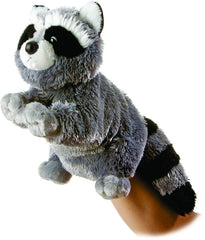 Aurora Bandit Raccoon Puppet full view, soft plush for cozy playtime.