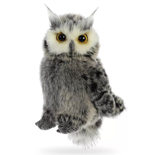 Aurora Barney Owl plush, 9-inch gray toy, soft cuddle companion for imaginative play.