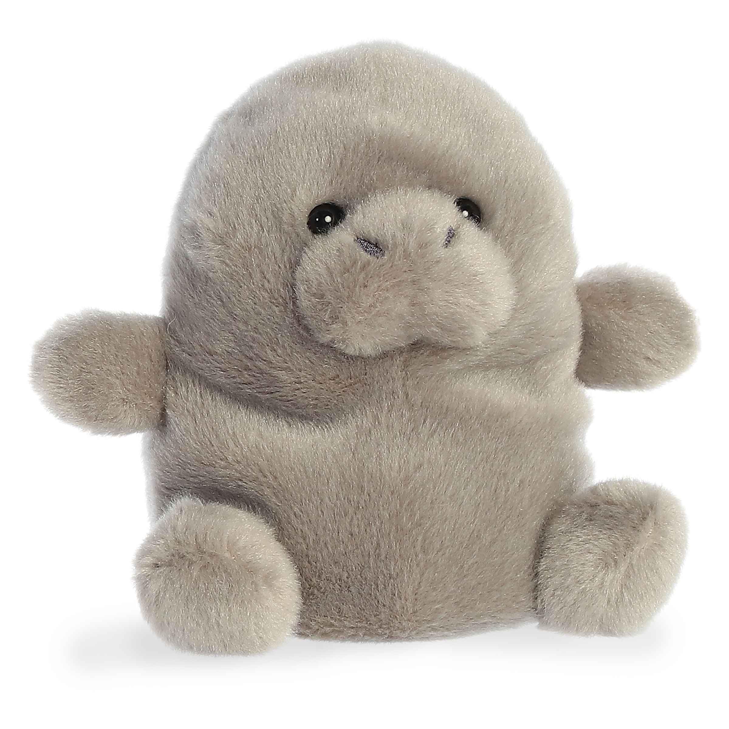 Aurora Blubs Manatee plush, side view showcasing compact, portable shelf display