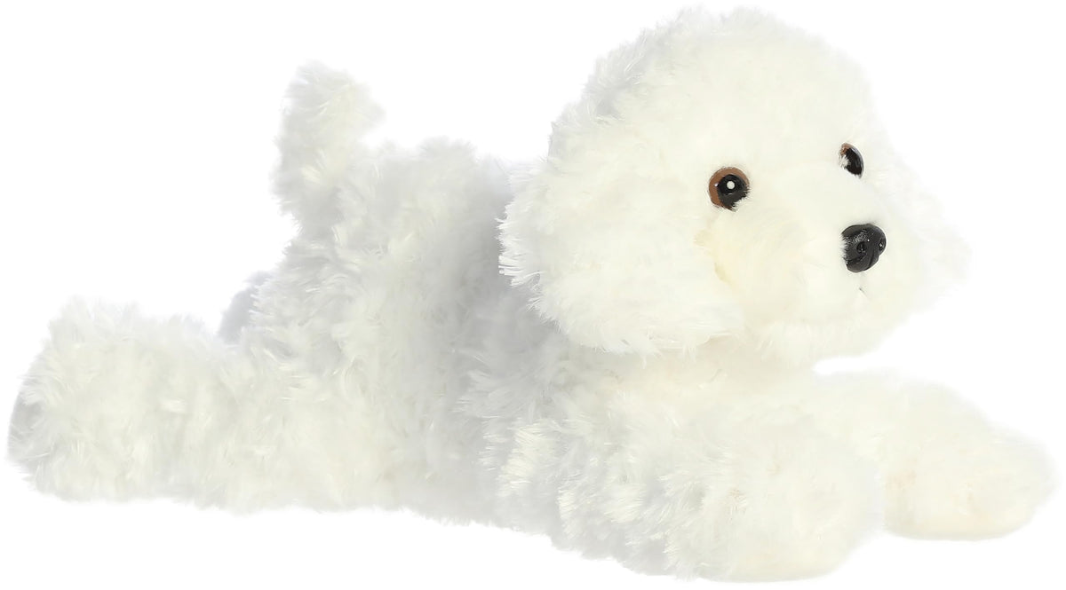 Aurora Bonita Flopsie 12-inch white puppy plush for cuddling and play.