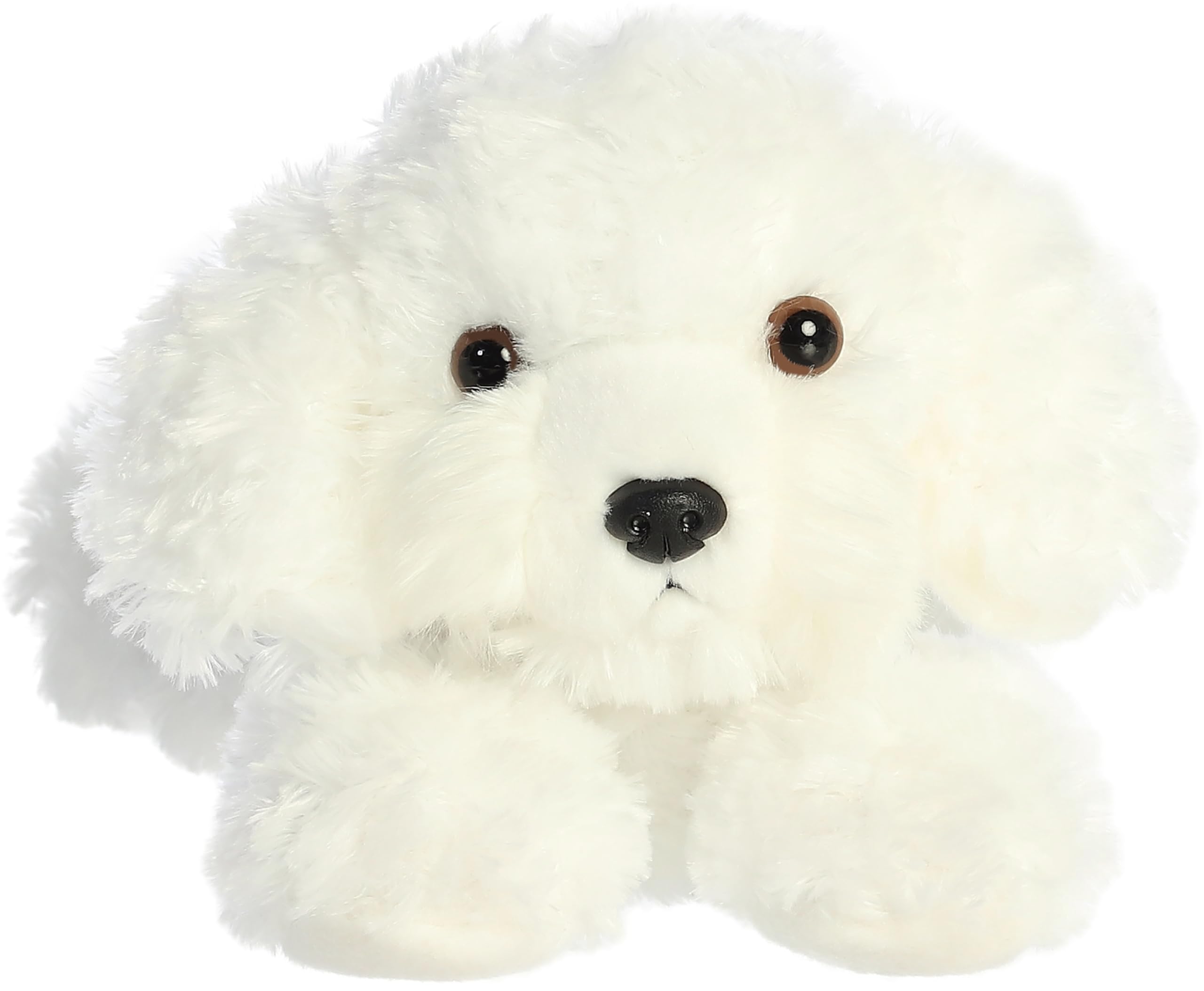 Aurora Bonita Flopsie curly white coat highlights soft, huggable plush texture.