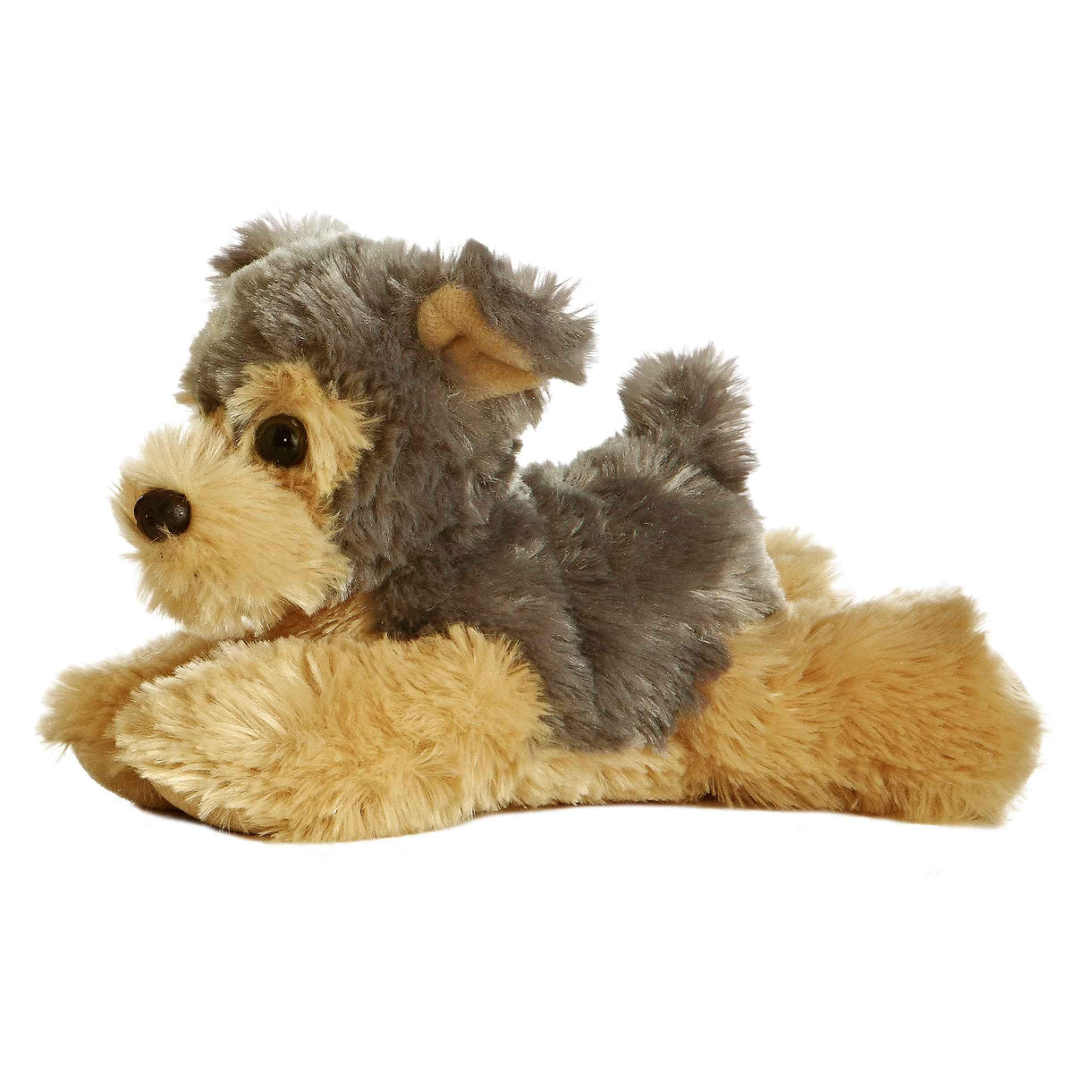 Aurora Cutie Mini Flopsie Yorkshire Terrier plush with soft two-tone fur for cuddling.