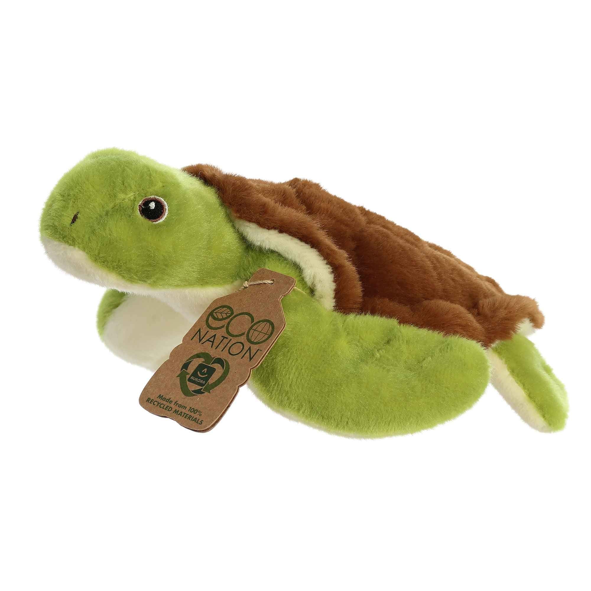 Sea Turtle plush featuring 100% recycled fill offers cozy, eco-friendly cuddling.