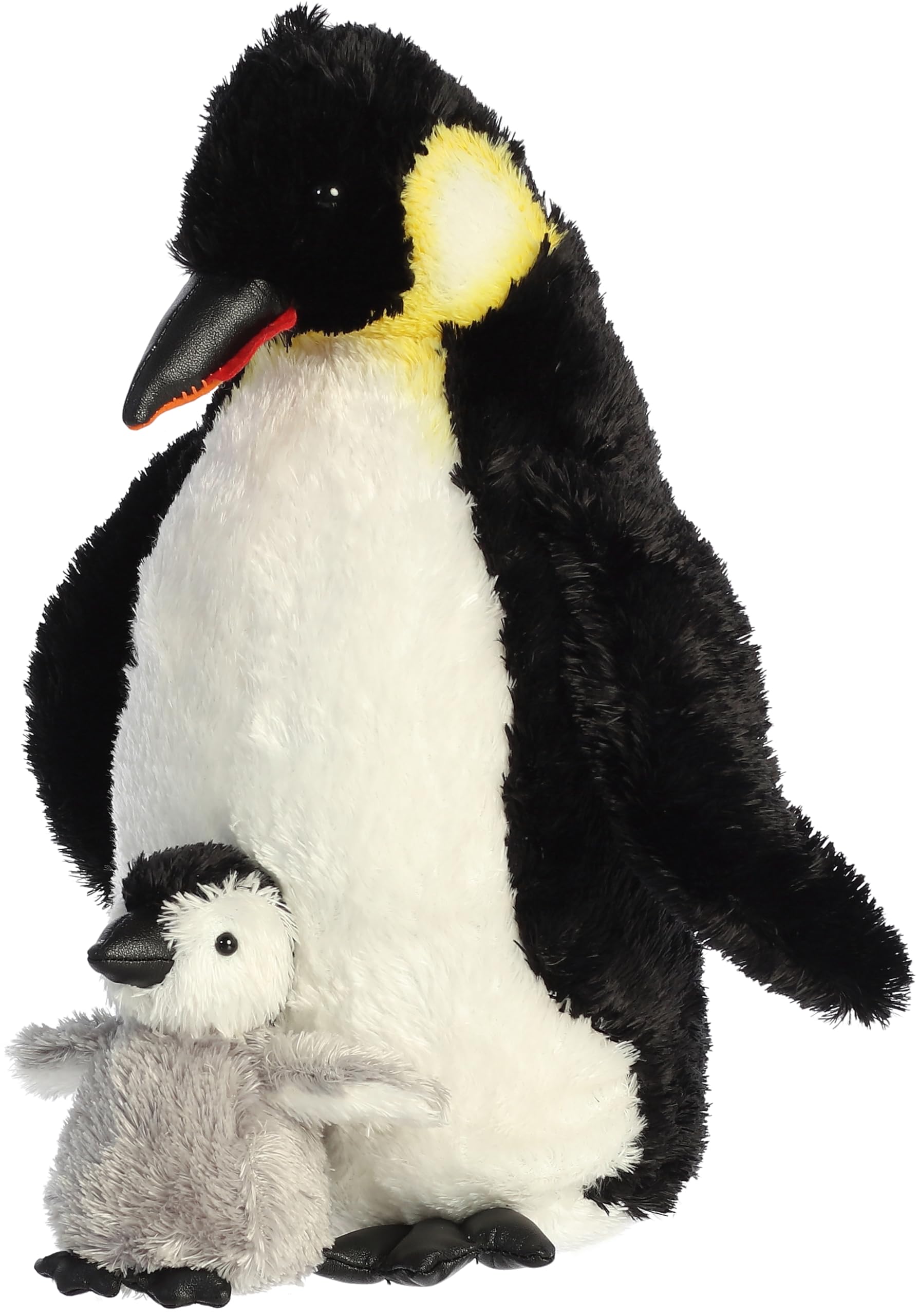Aurora emperor penguin with baby plush close-up showing realistic detail and attachment.