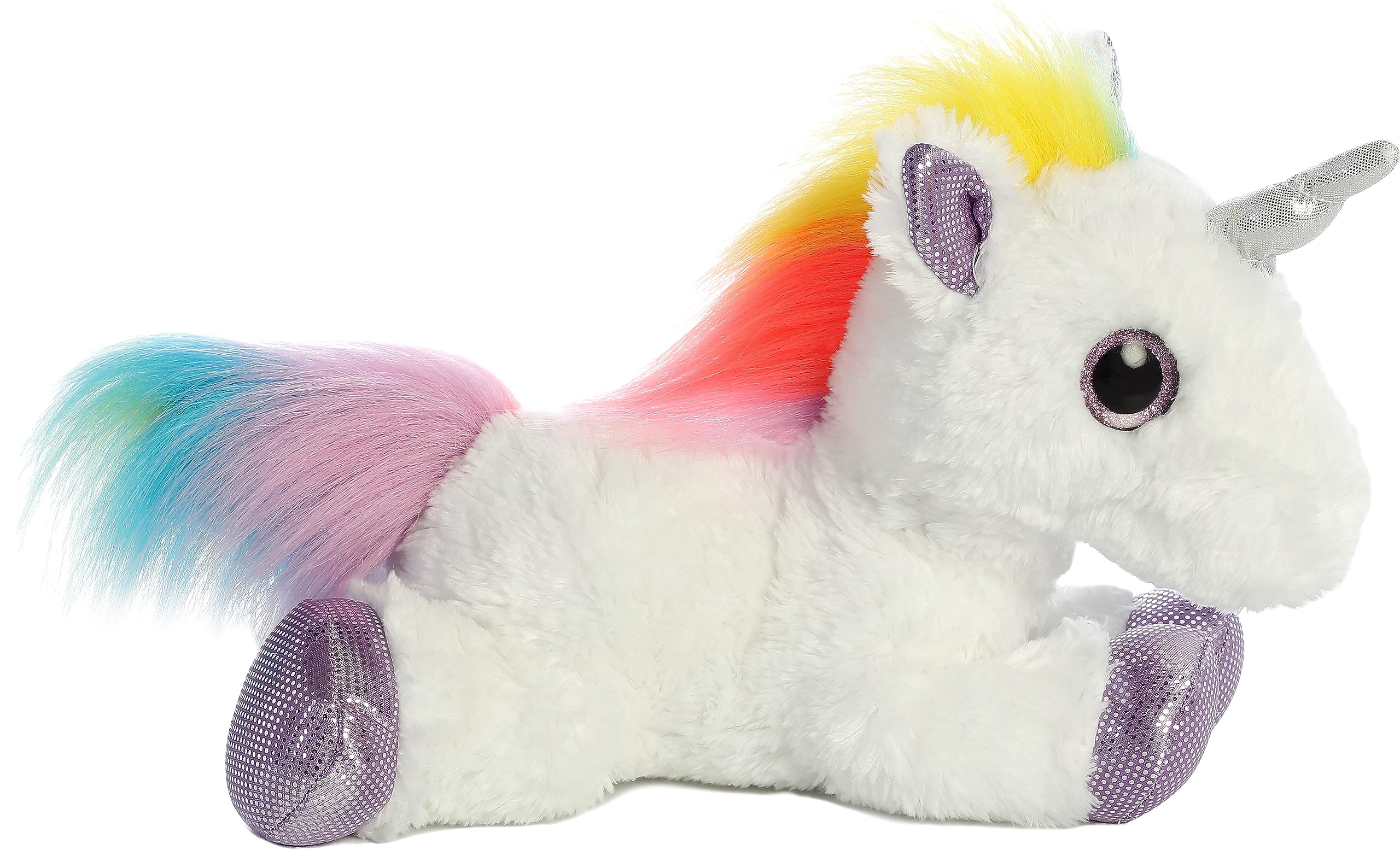 Aurora Rainbow Unicorn close-up eyes, durable stitching for long-lasting play.
