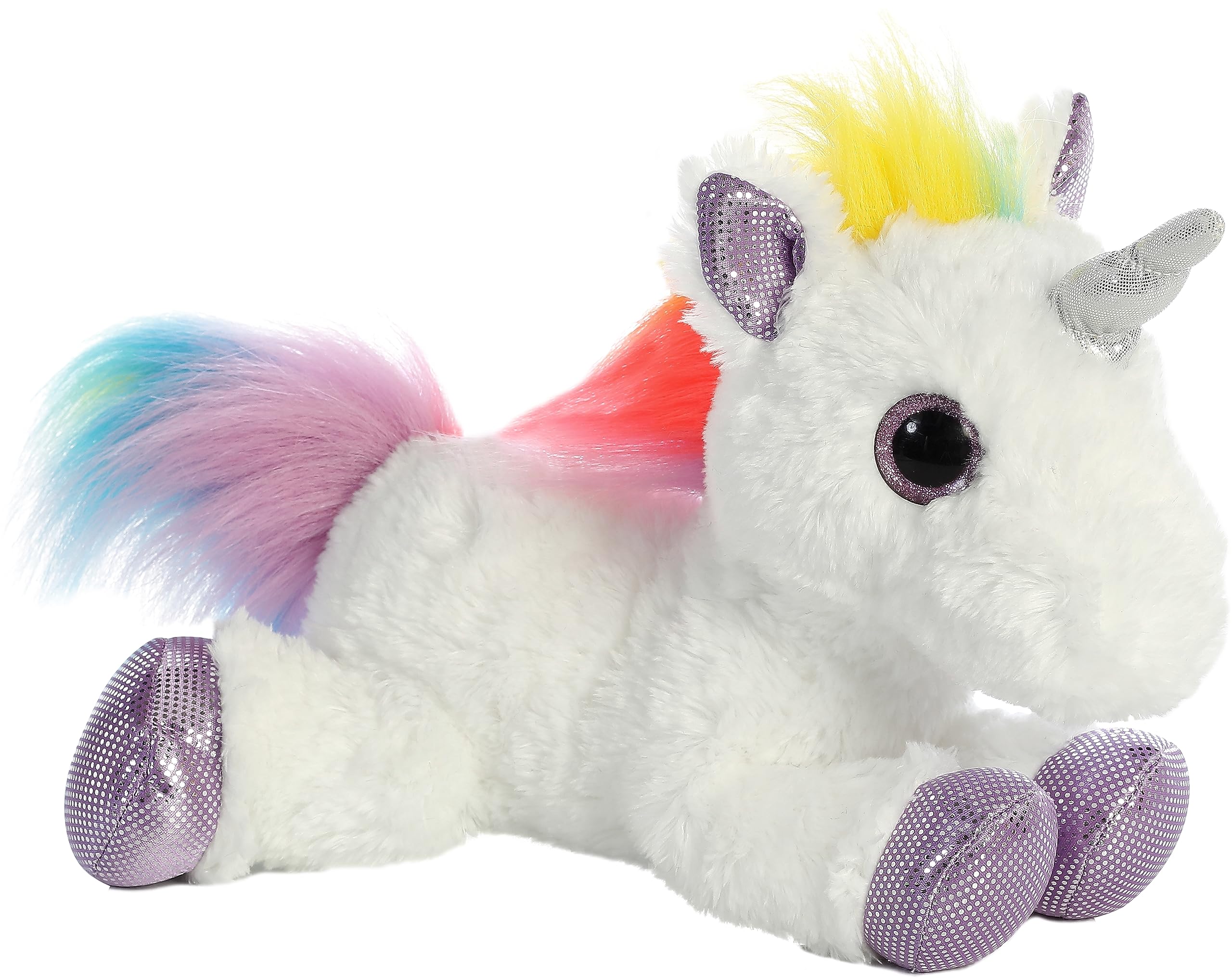 Aurora Rainbow Unicorn snuggle shot, ideal travel companion for kids.