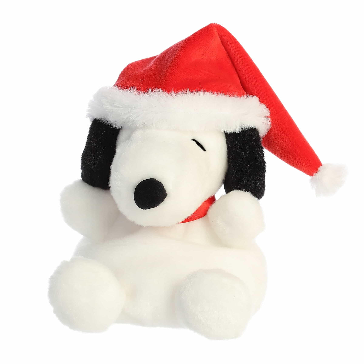 Aurora Festive Peanuts Santa Snoopy Palm Pals front view showing soft cuddly holiday friend.