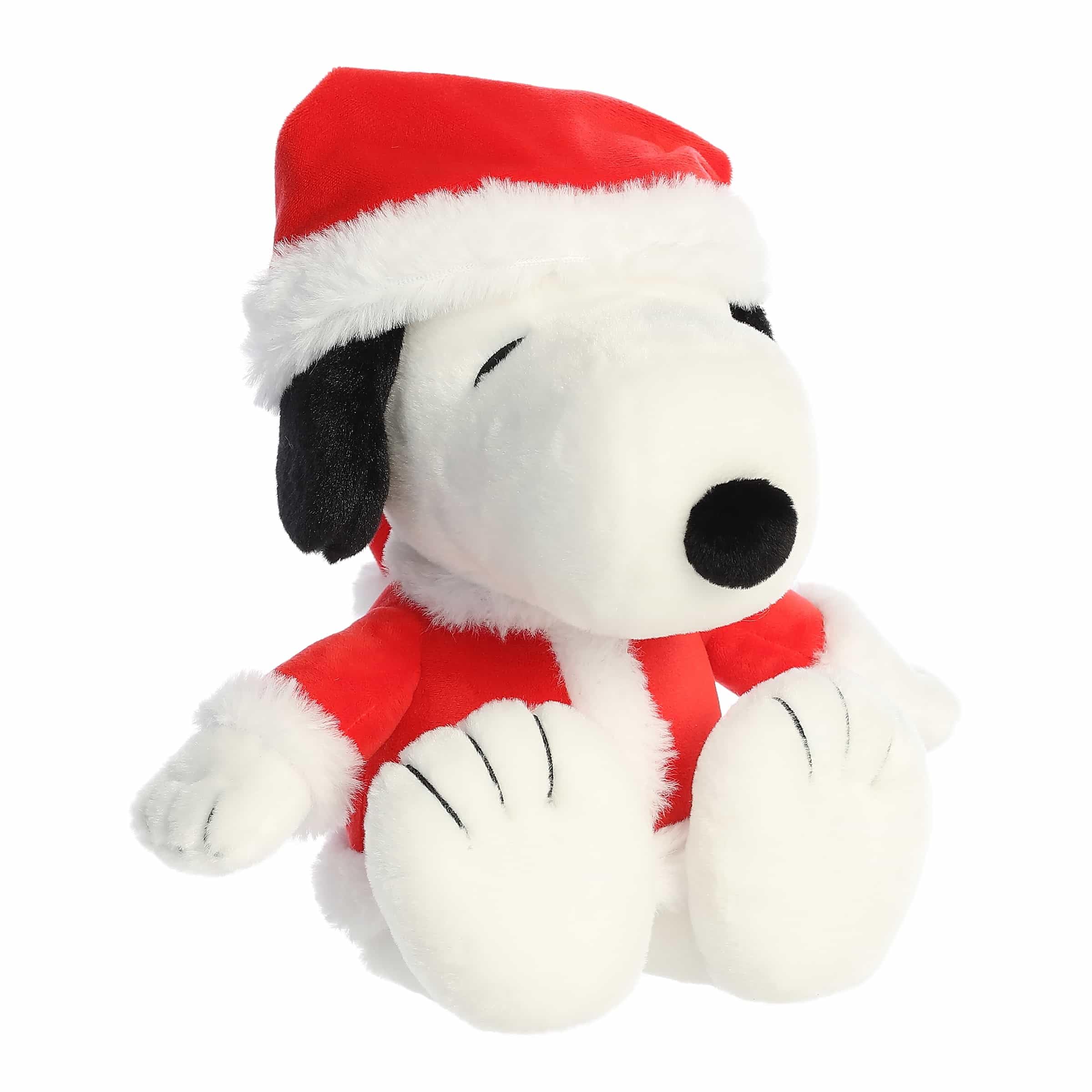 Aurora festive peanuts santa snoopy plush perched on shelf decor.