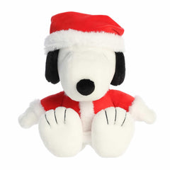 Aurora festive peanuts santa snoopy plush, side profile, suited for gift display.