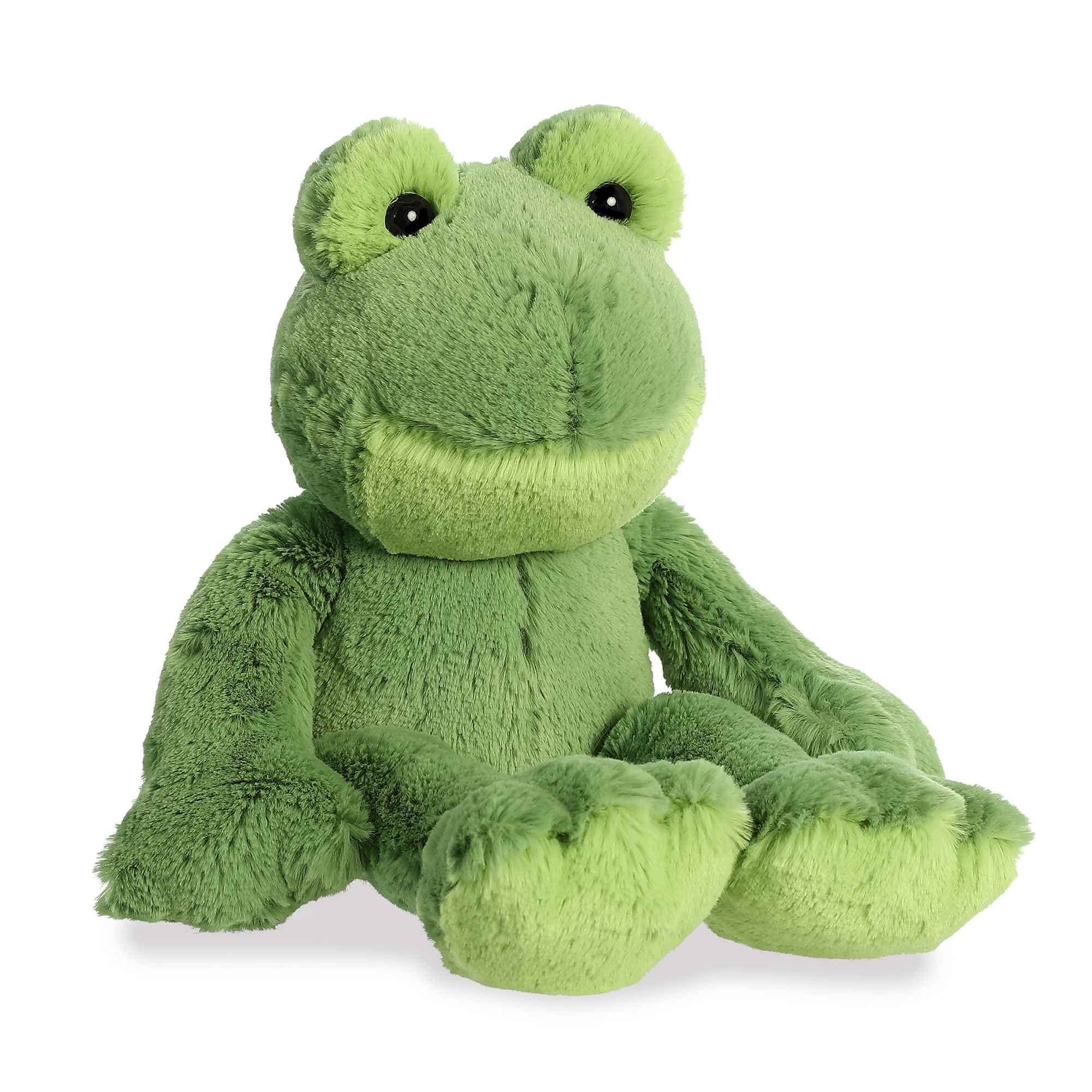 Close-up of Fernando Frog Flopsie face showing soft green plush for comforting hugs.