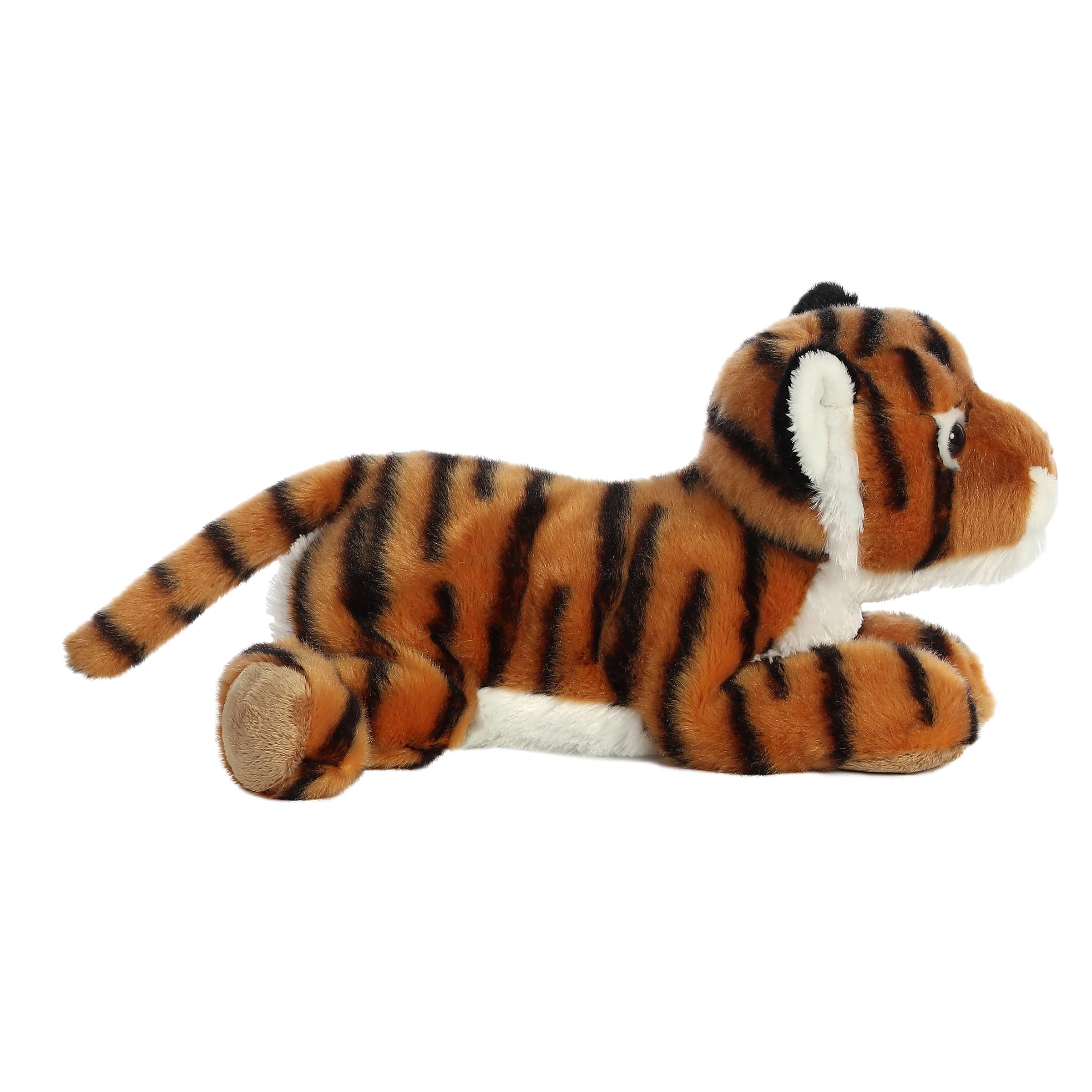 Aurora Indira tiger resting belly pose; designed for easy, interactive pretend adventures.