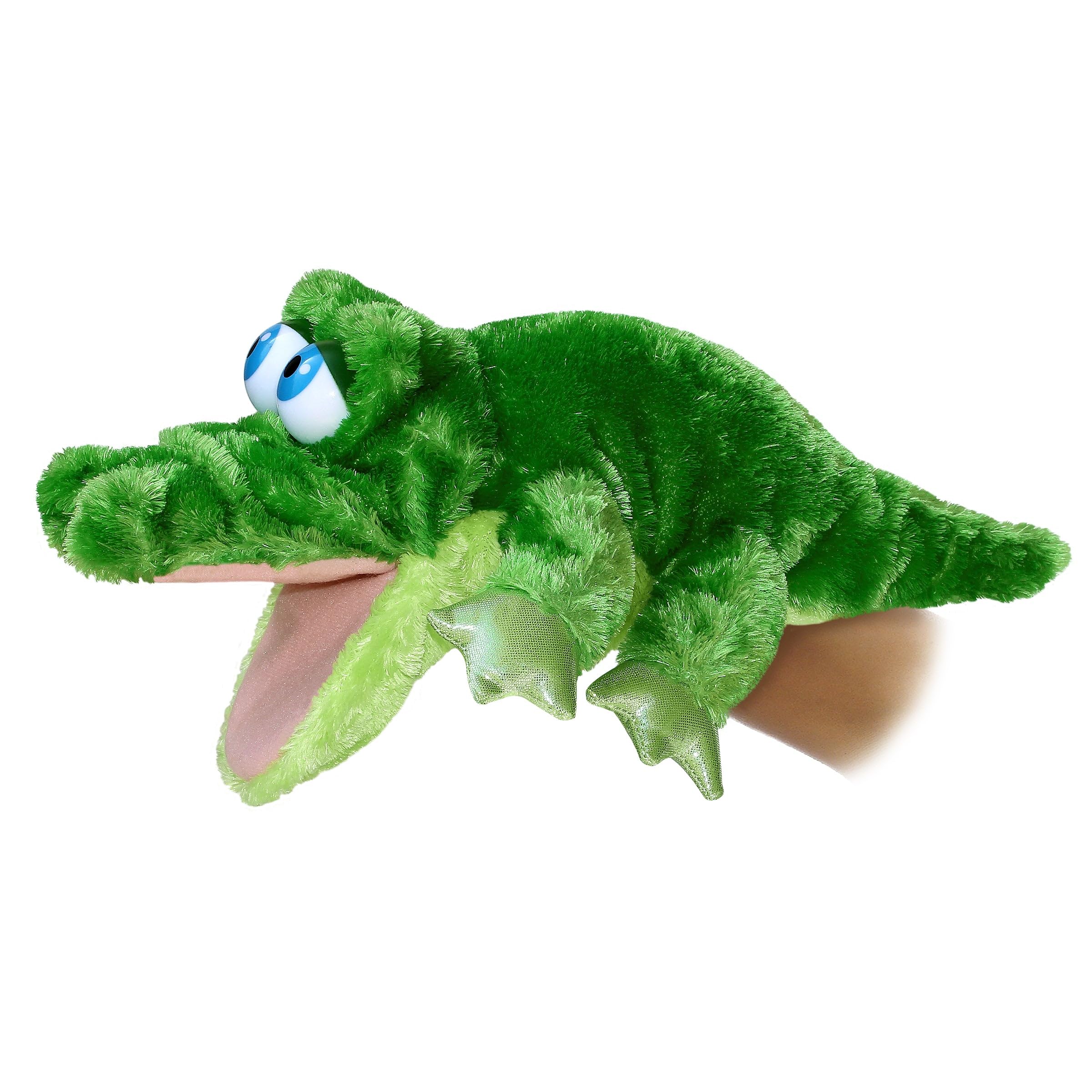 Aurora Grator green hand puppet ready for storytelling and playful learning.