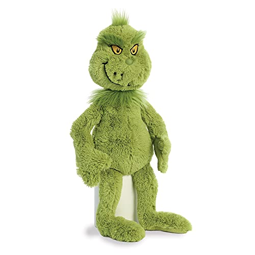 Aurora Grinch plush close-up face shows mischievous grin and green fur