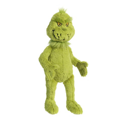Aurora Grinch plush face close-up, mischievous yet friendly expression