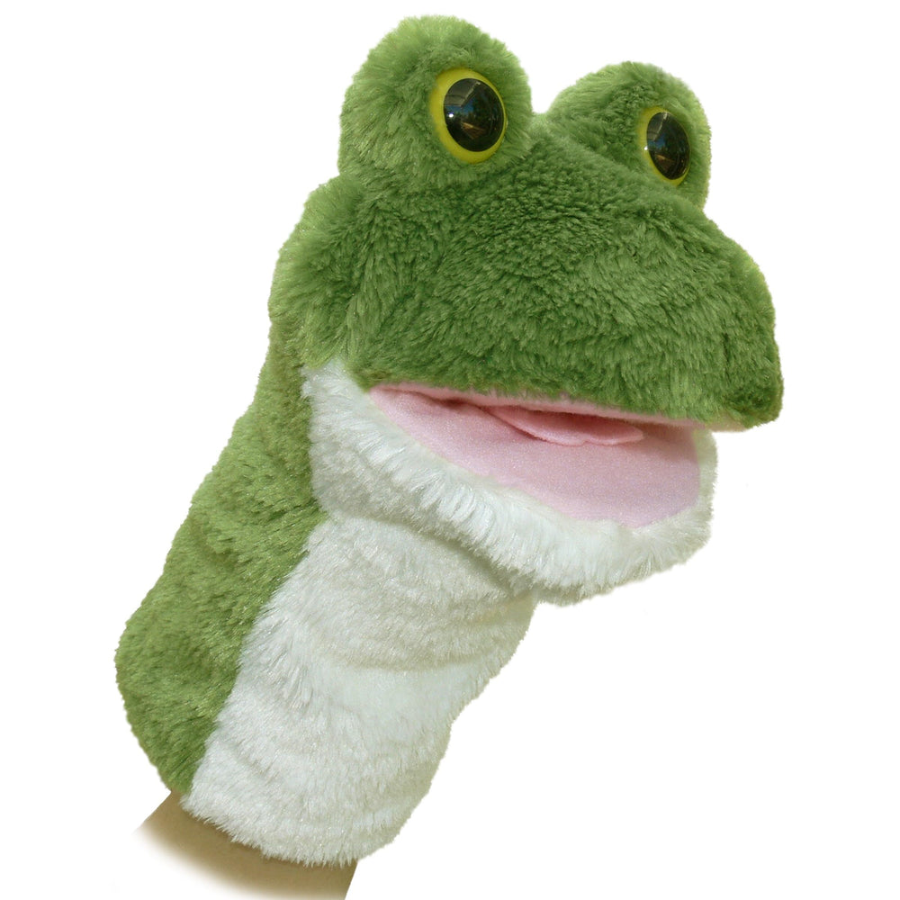 Aurora frog hand puppet in green shows expressive face for storytelling and play.