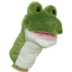 Aurora frog hand puppet in green shows expressive face for storytelling and play.