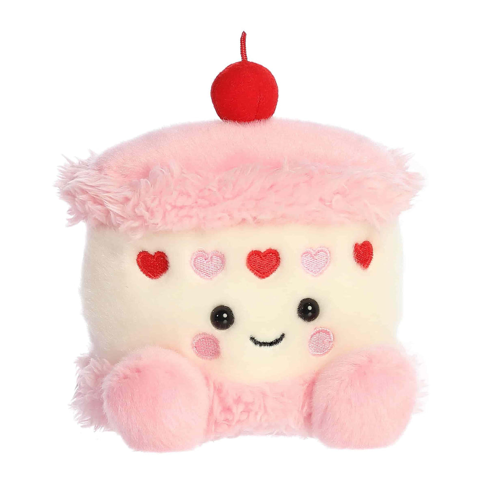 Aurora Jubi Heart Cake plush side view, compact palm-sized comfort for cuddling.