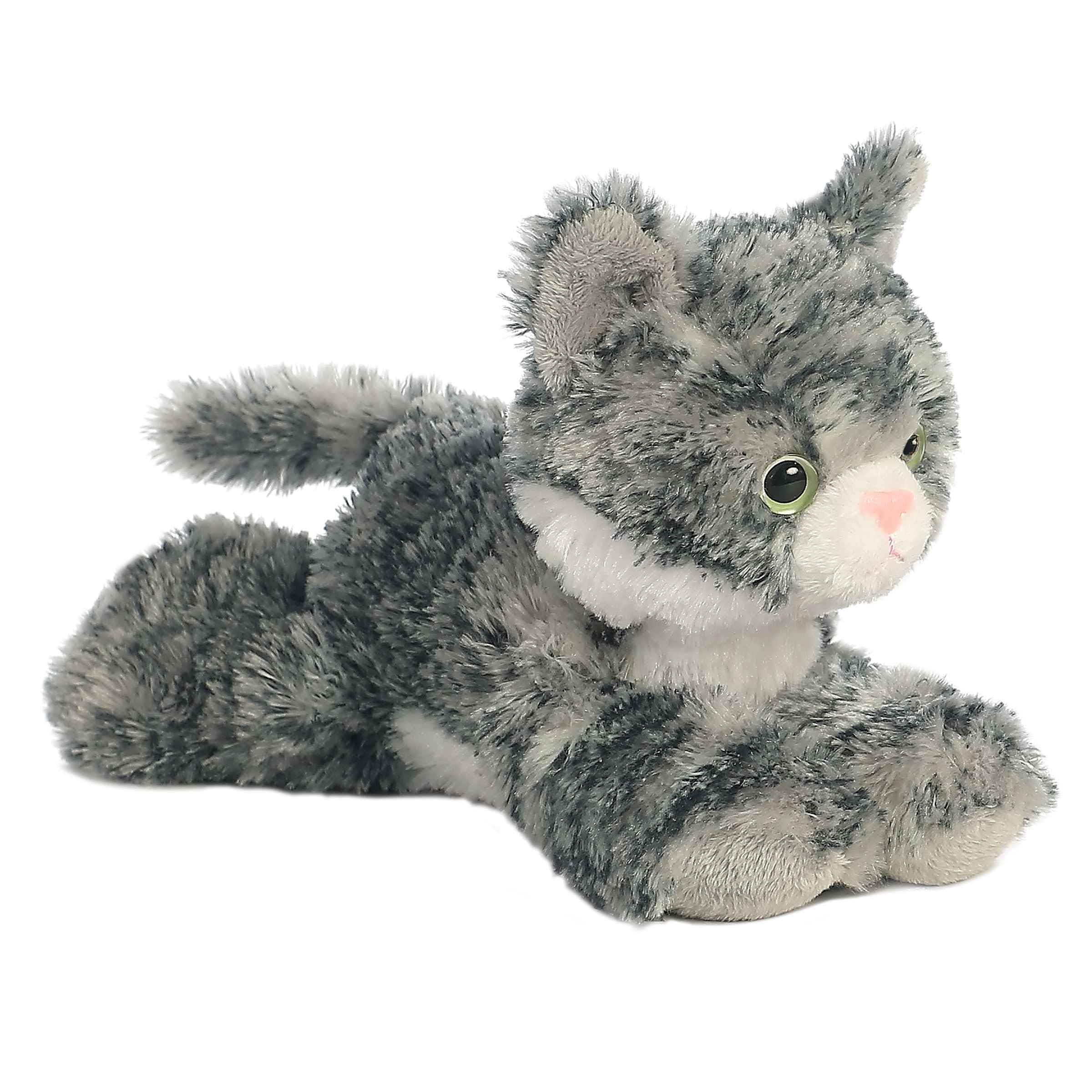Aurora Lily mini Flopsie gray-striped cat face plush, ideal as a comforting bedtime friend.