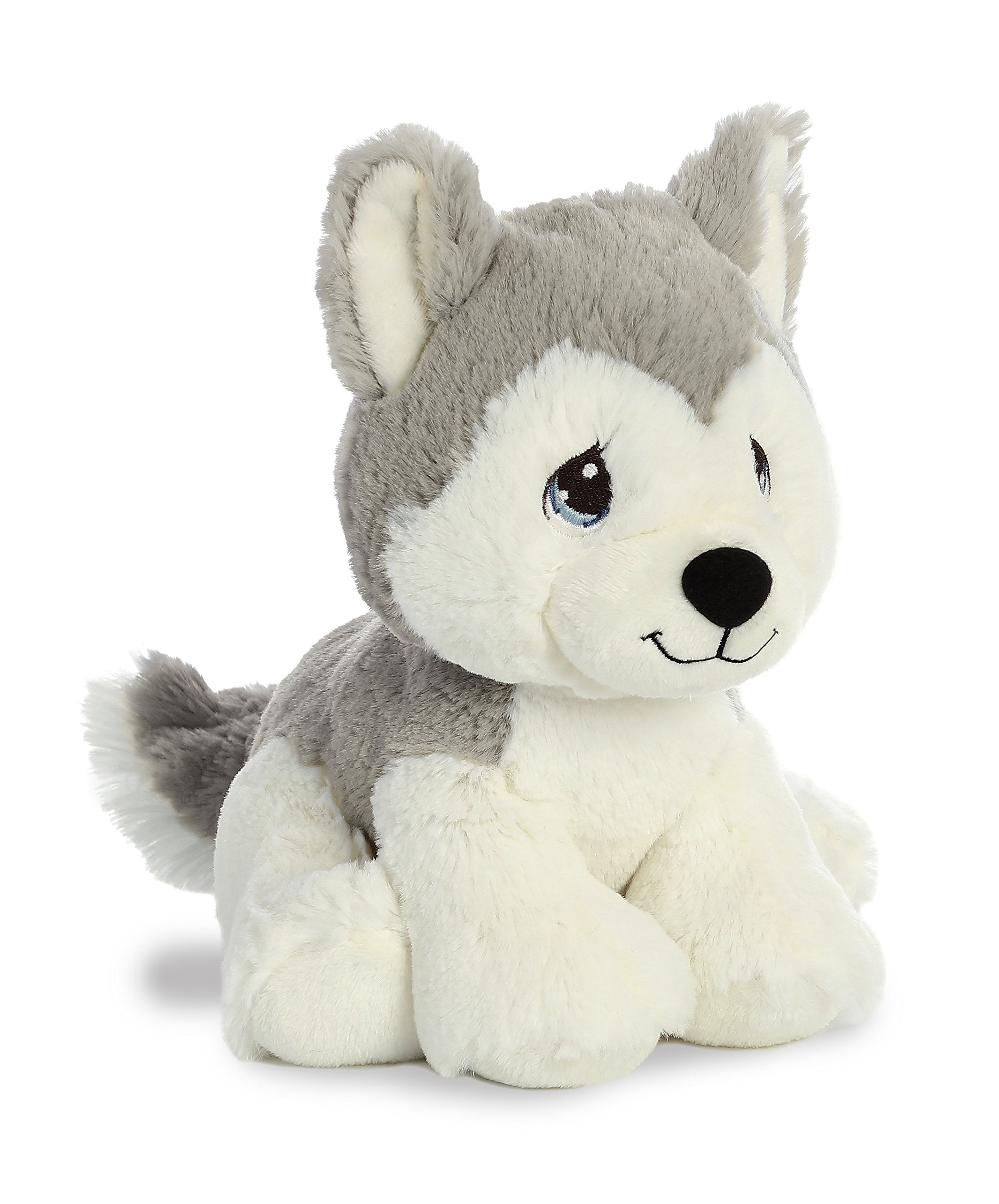 Aurora Precious Moments Malakai Wolf Plush showing a gentle face for bedtime companionship.