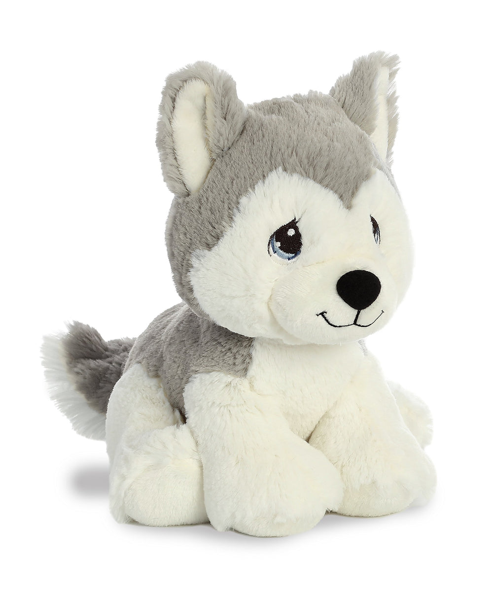 Aurora Precious Moments Malakai Wolf Plush showing a gentle face for bedtime companionship.