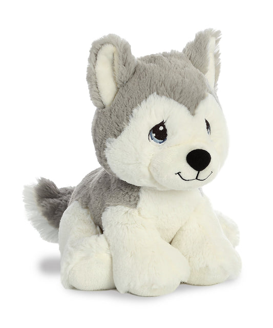 Aurora Precious Moments Malakai Wolf Plush showing a gentle face for bedtime companionship.