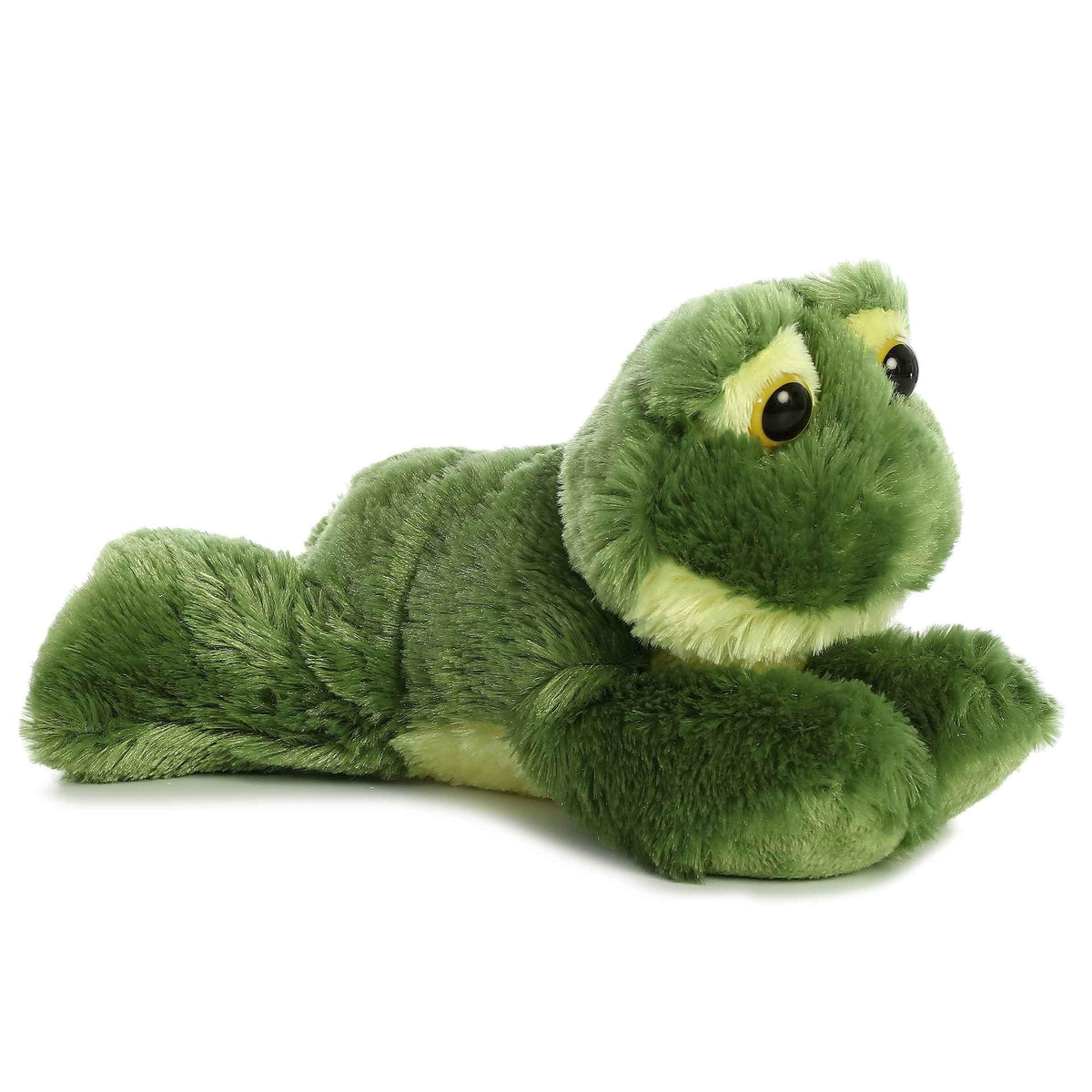 Aurora Frolick Frog plush front view with soft green fur for cuddling