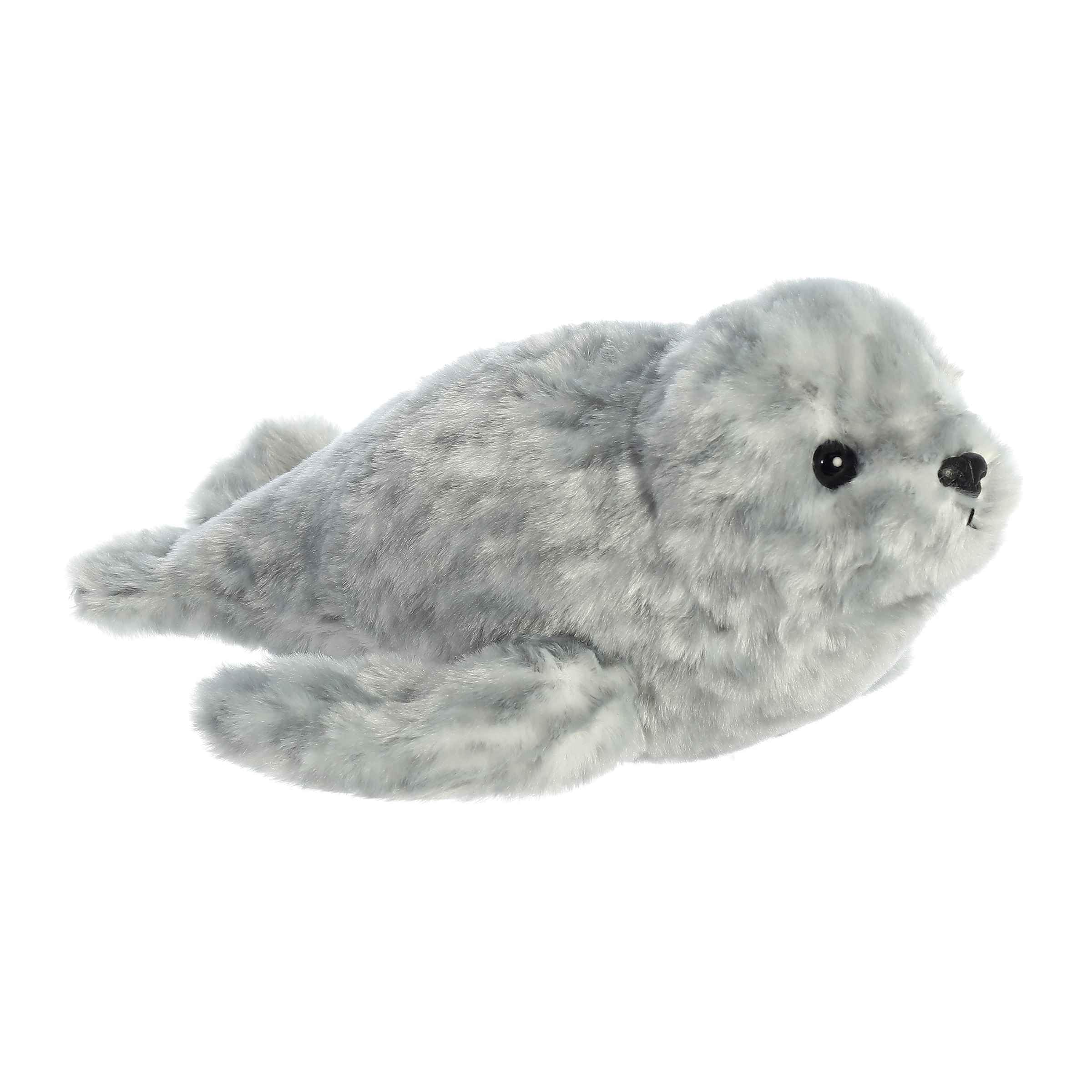 Aurora Mini Flopsie Harbor Seal gray 8-inch front view, cuddly sea friend for kids.