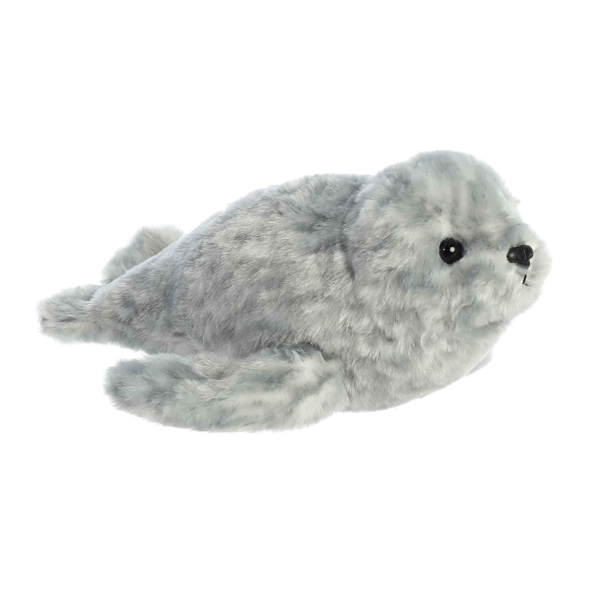 Aurora Mini Flopsie Harbor Seal gray 8-inch front view, cuddly sea friend for kids.