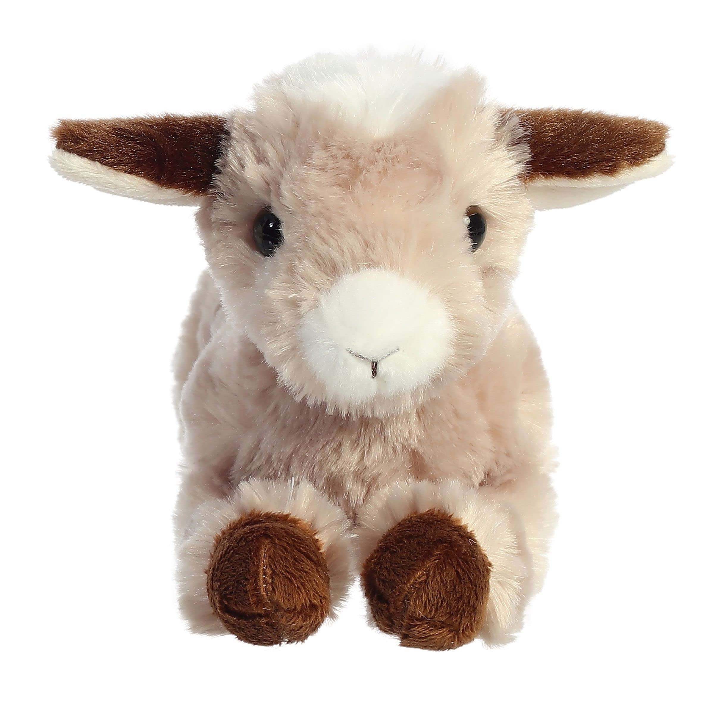Aurora Paisley Goat plush face closeup, showcasing soft fur for comforting play.