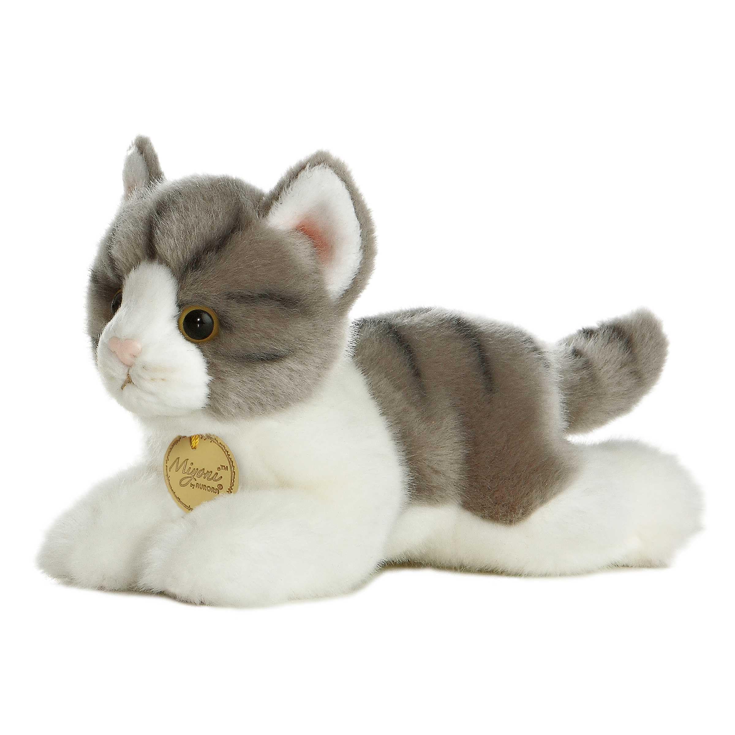 Aurora Miyoni grey tabby cat plush, 8-inch size for cozy companionship.