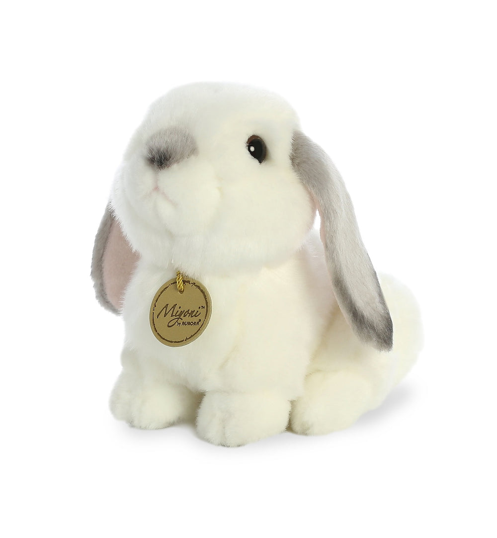 Aurora Miyoni lop-eared rabbit gray fabric detail highlights craft and quality.