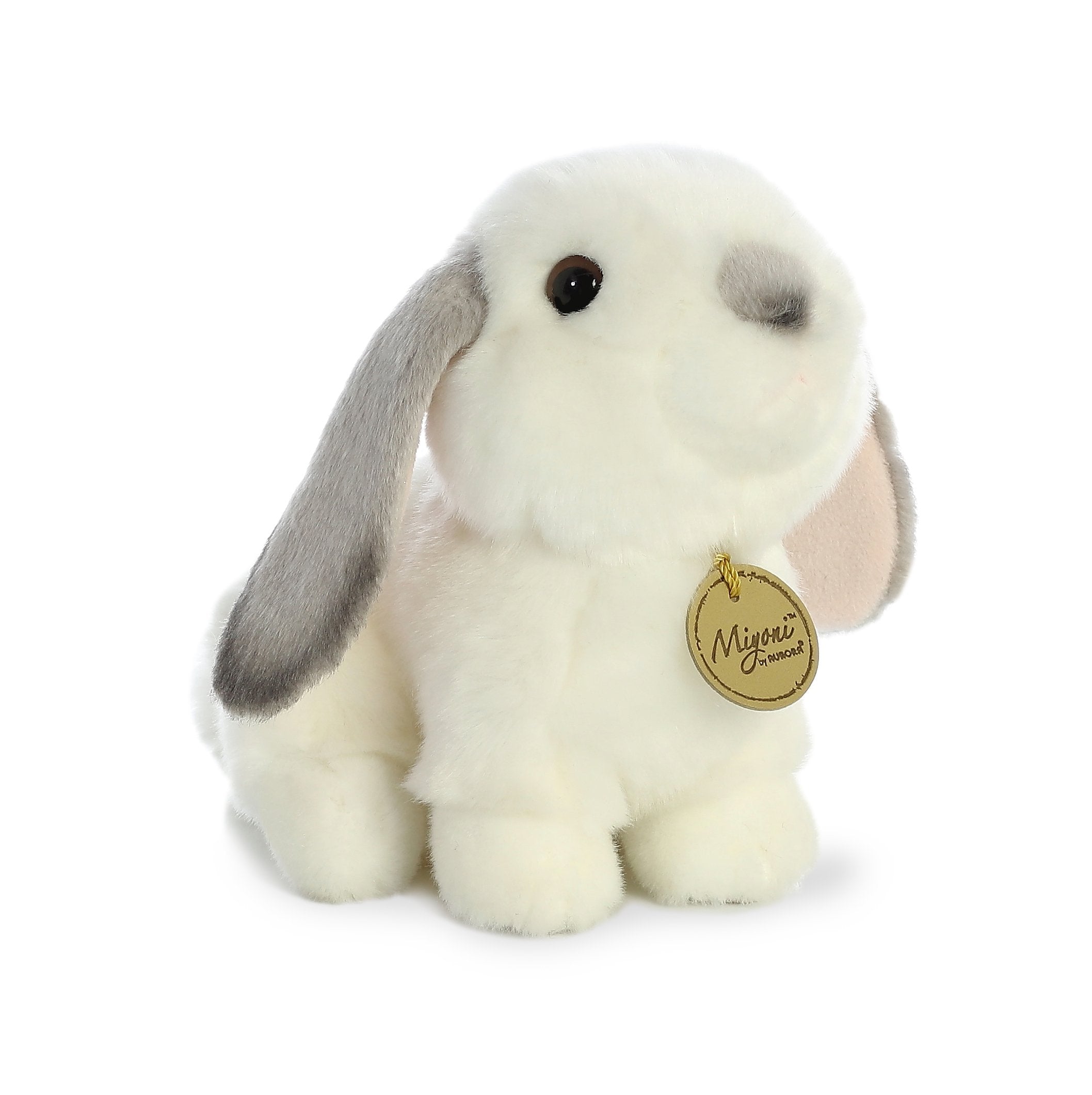 Aurora Miyoni lop-eared rabbit gray face close-up for lifelike plush cuddles.