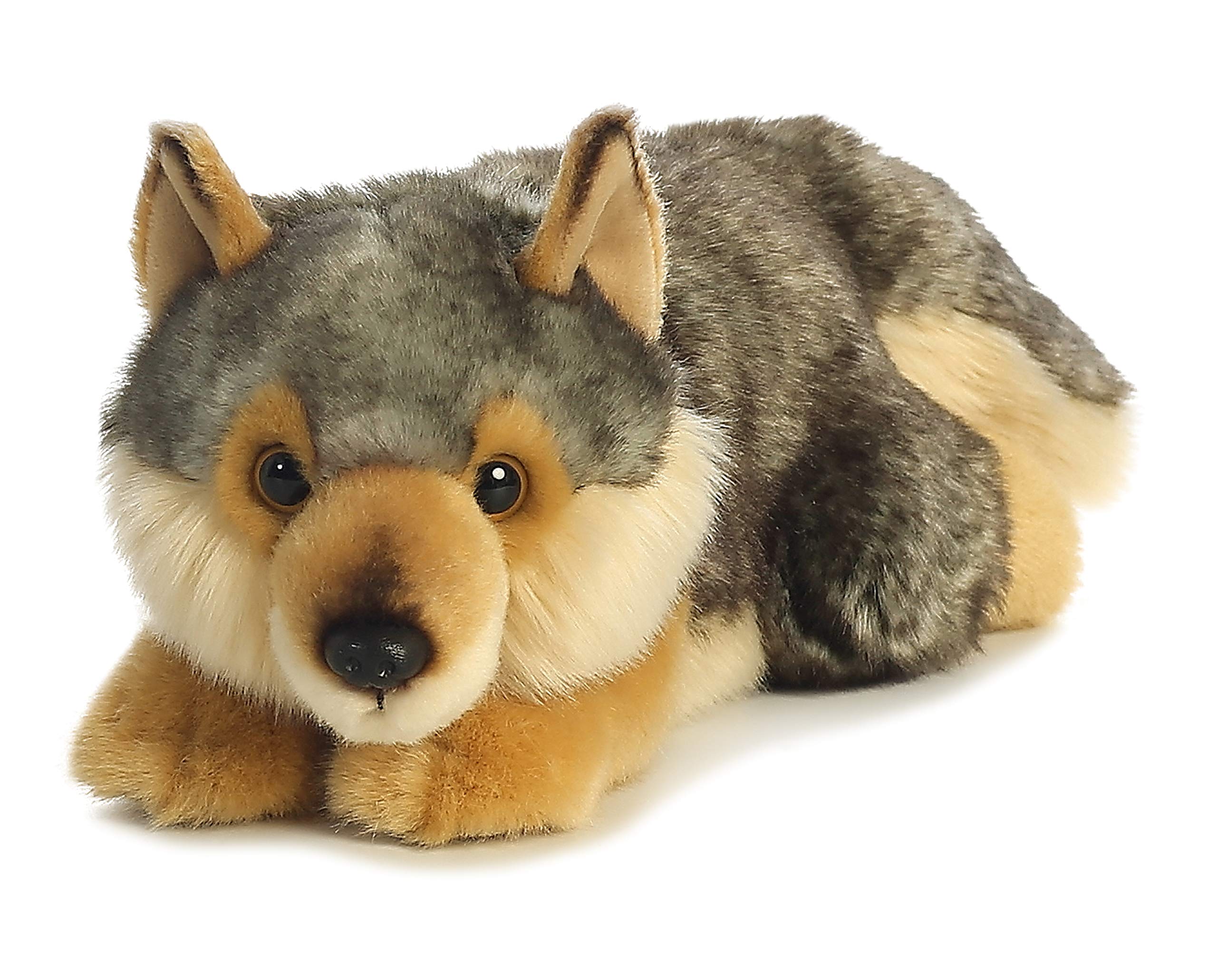 Aurora Miyoni wolf plush posed on a shelf enhances room decor.