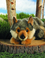 Aurora Miyoni wolf plush with hang tag highlighting species information.