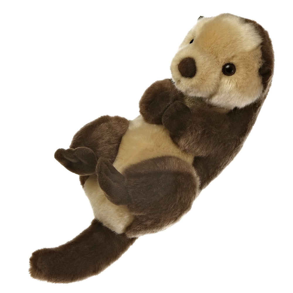 Aurora Miyoni Sea Otter plush, on-back pose, educational hangtag with species info.