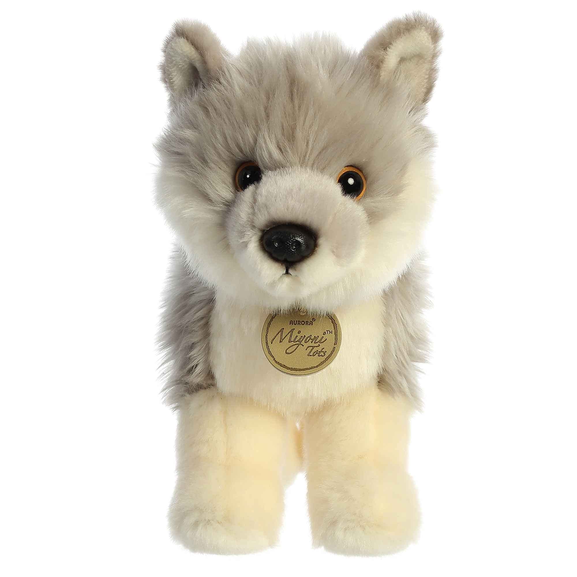 Aurora Miyoni Wolf Pup face close-up, hand-stitched features evoke lifelike charm.