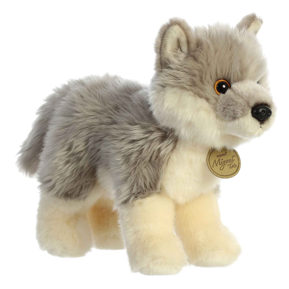 Aurora Miyoni Wolf Pup plush in gray with cream underside, soft and cuddly decor.