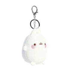 Close-up of the embroidered face on the Aurora Molang clip-on bunny.