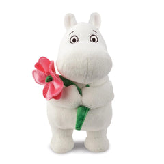 Aurora Moomin standing with pink flower plush for cuddling and display