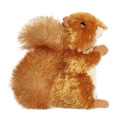 Aurora Nutsie mini plush resting on belly encourages easy snuggling.