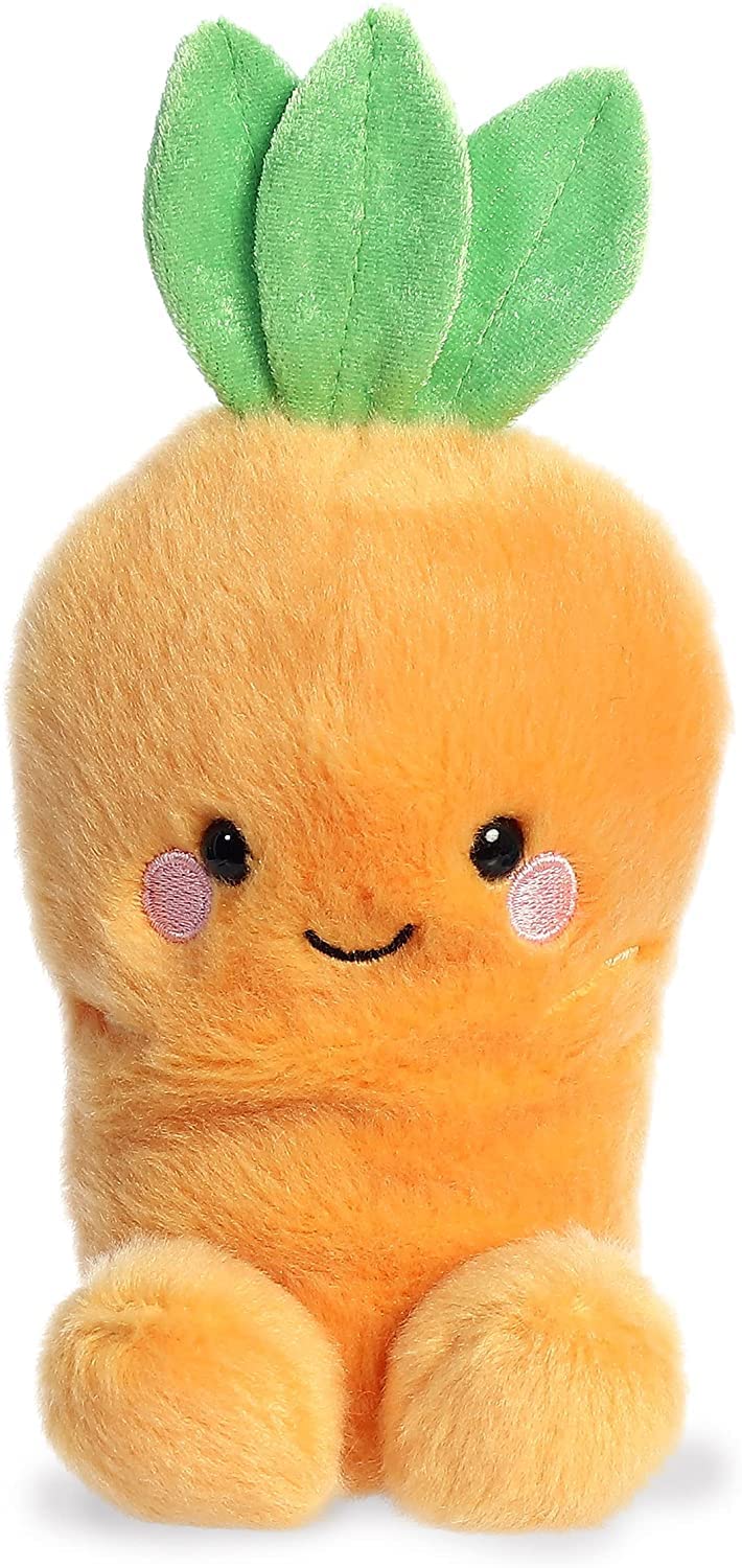 Close-up of Aurora Palm Pals carrot bunny highlighting cute features.